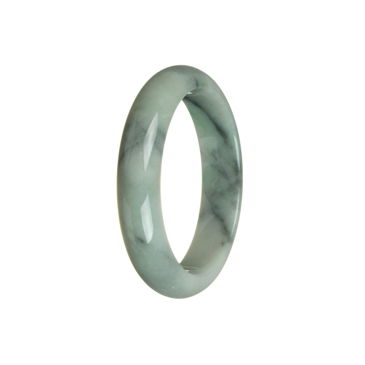 A close-up photo of a green and grey jade bangle with a half-moon shape, measuring 57mm in diameter. This bangle is certified as Type A, showcasing its authentic and high-quality craftsmanship by MAYS GEMS.