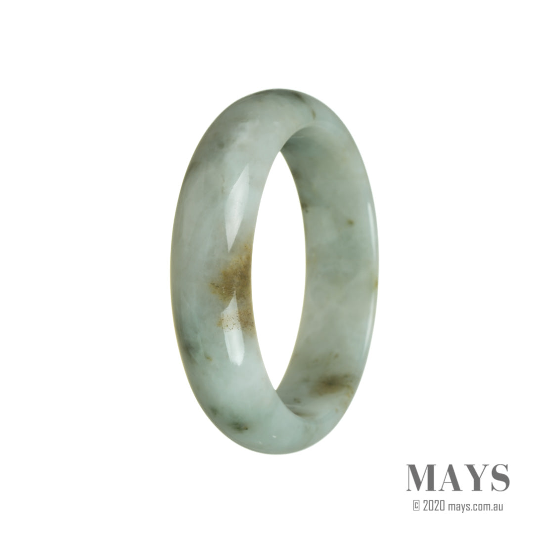 A beautiful half-moon shaped pale green jadeite bangle bracelet, made with authentic Grade A jadeite. The bracelet measures 58mm in diameter and is a stunning addition to any jewelry collection.