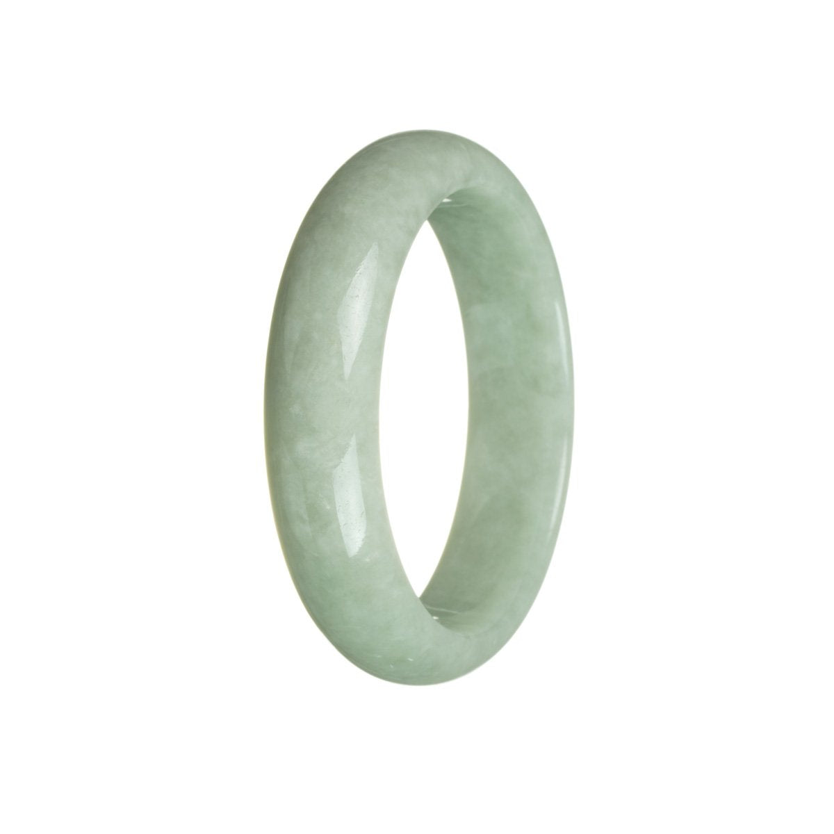 A half-moon-shaped Genuine Natural Green Burmese Jade Bangle, measuring 58mm in diameter, offered by MAYS GEMS.
