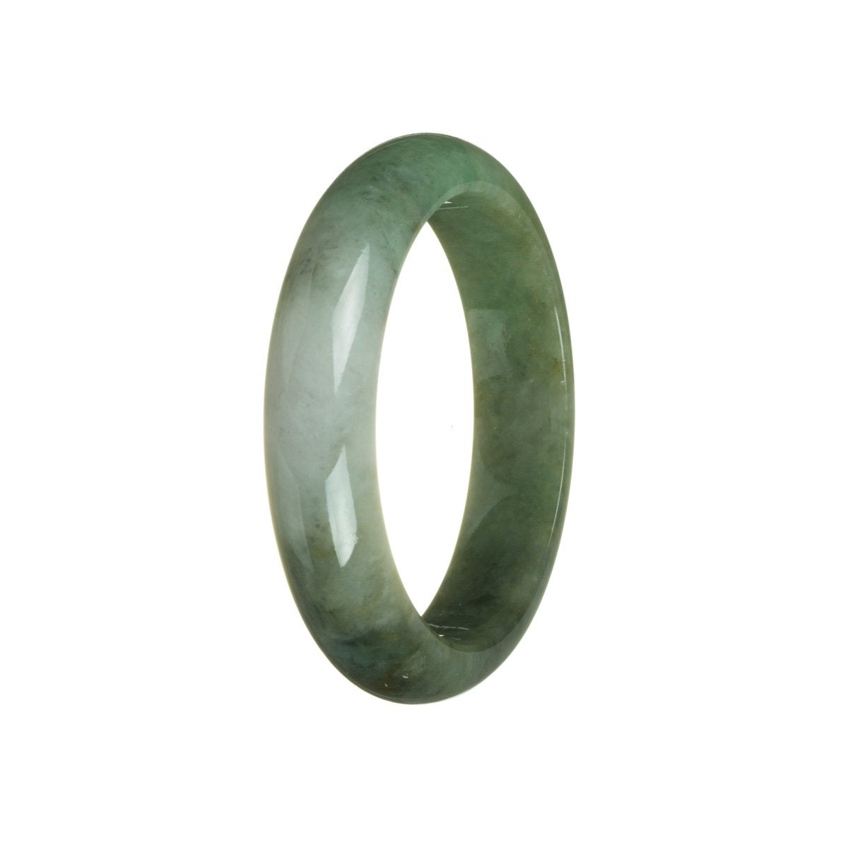 A close-up photograph of a green and white jade bracelet in the shape of a half moon. The jade stones are untreated and have a natural, authentic appearance. The bracelet has a width of 60mm.