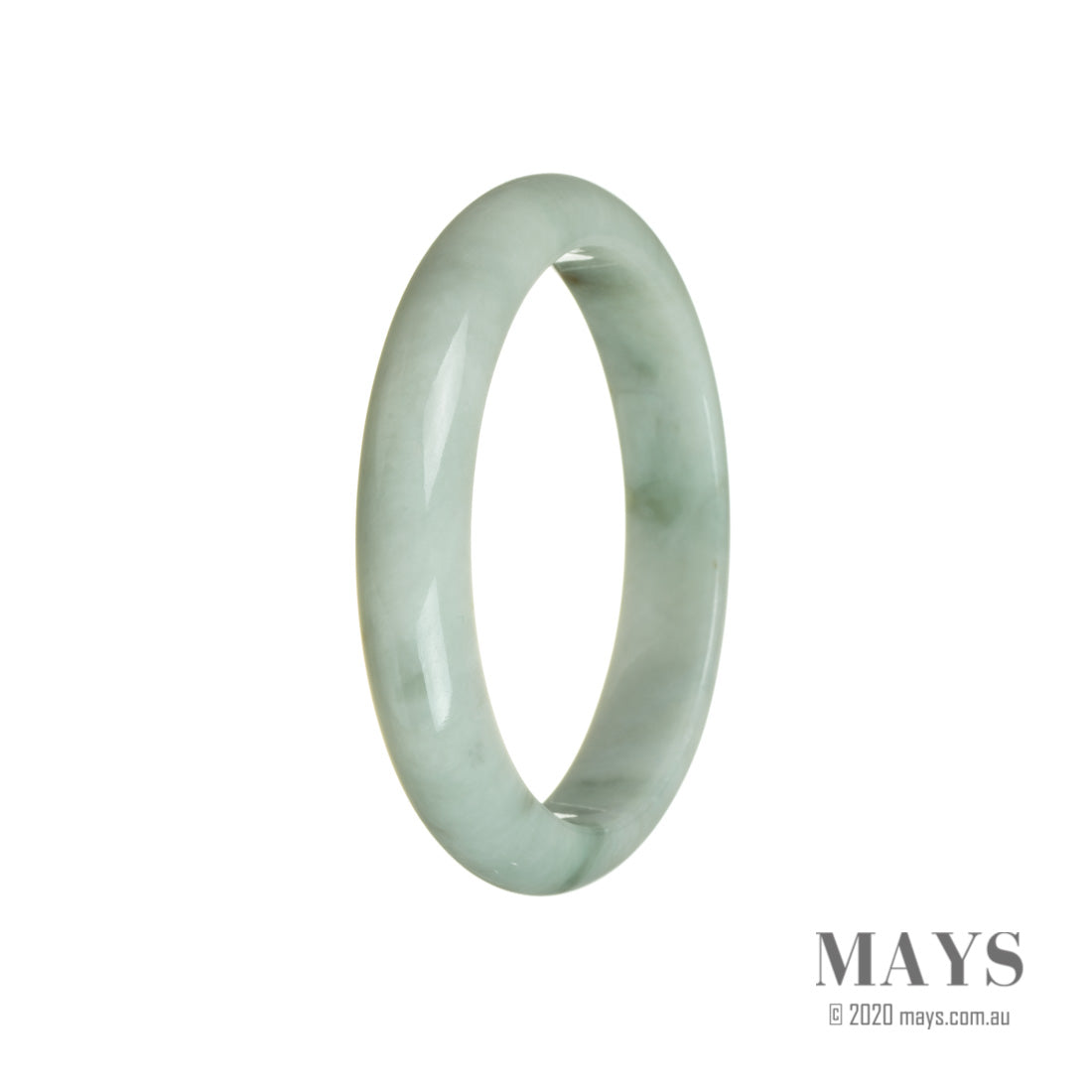 A close-up image of a beautiful jade bangle bracelet with a half-moon shape. The jadeite stone is untreated and features a vibrant green color with subtle grey undertones. The bracelet has a diameter of 59mm and is a stunning piece from MAYS GEMS.