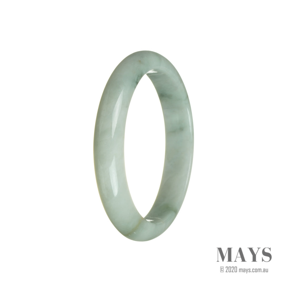 A close-up image of a green and grey Burma jade bangle bracelet. The bracelet is in the shape of a half moon and has a smooth, polished surface.