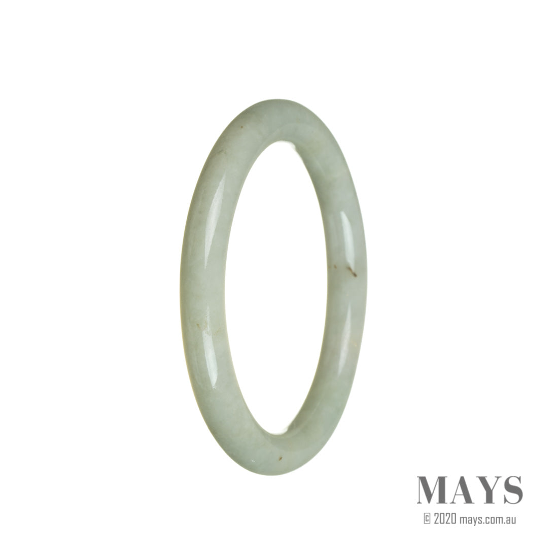 A beautiful pale green jadeite bangle with a real grade A quality. Oval-shaped and measuring 58mm in diameter. Designed by MAYS™.