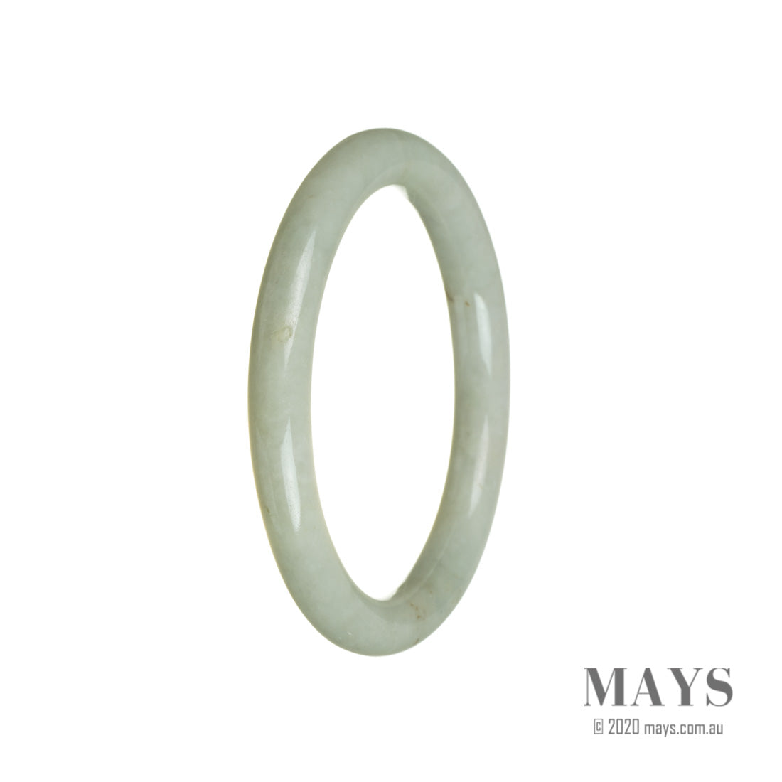 A pale green traditional jade bangle bracelet with a certified Grade A quality. The bracelet is oval-shaped and measures 58mm in diameter. Sold by MAYS GEMS.