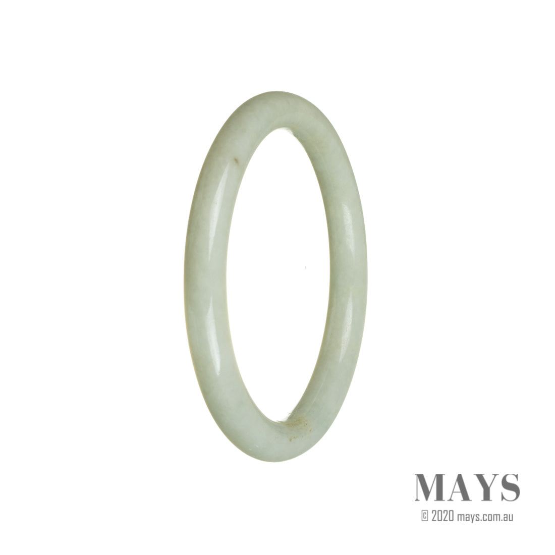 A pale green jade bangle bracelet, oval-shaped and 60mm in size, certified as Grade A quality. Manufactured by MAYS™.