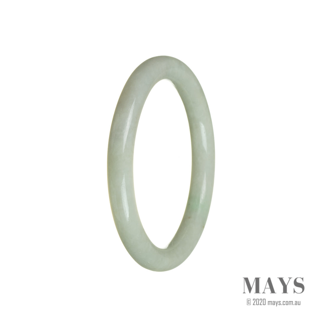 A close-up photo of a genuine untreated pale green jade bangle bracelet. The oval-shaped bracelet has a 58mm diameter and features a smooth and polished surface. The pale green color of the jade is soothing and elegant. The bracelet is of high quality and is made by MAYS™.