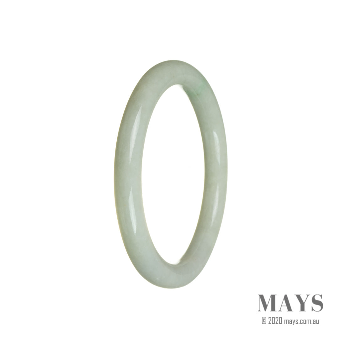 A pale green jade bangle bracelet with a certification as Type A Burma Jade, measuring 58mm in an oval shape. Sold by MAYS GEMS.