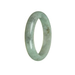 A close-up image of a green jadeite jade bangle with a half-moon shape, measuring 58mm. The smooth and untreated jade stone has a vibrant green color, exuding natural beauty and elegance. This exquisite accessory is a product of MAYS™.