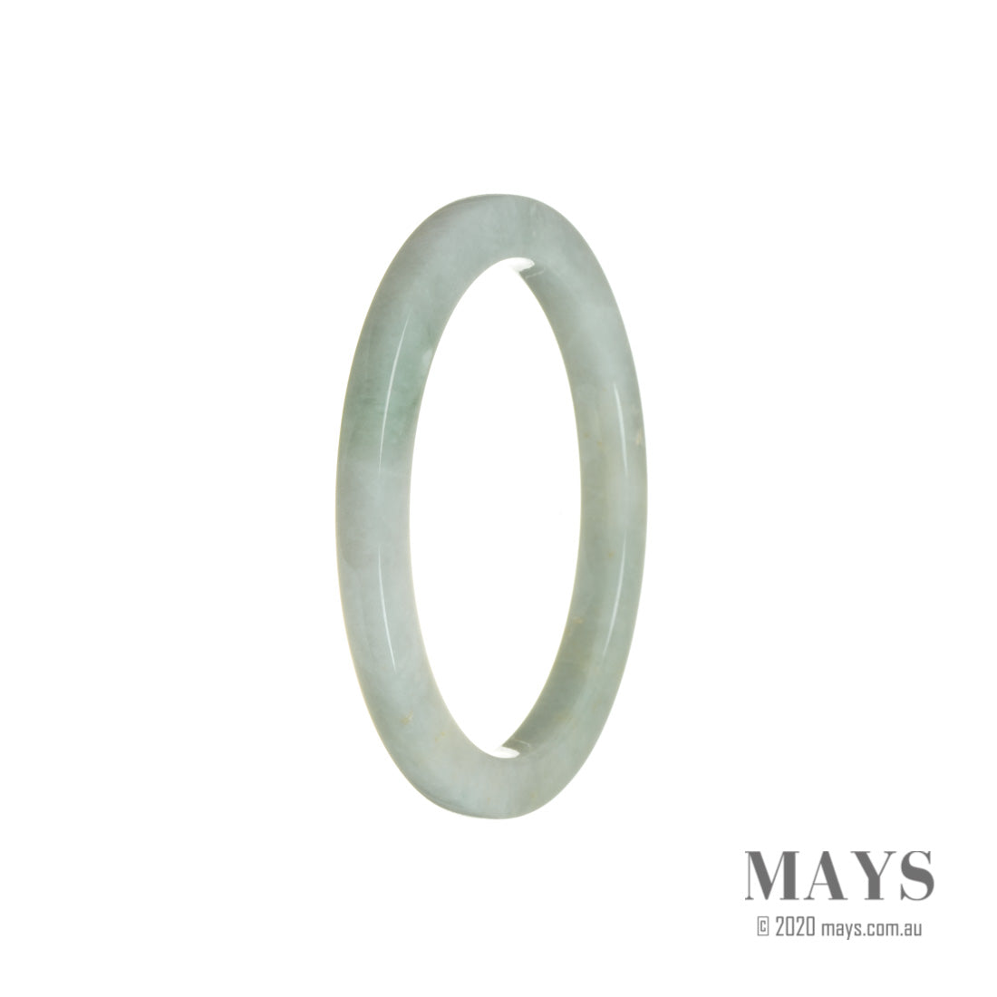 A close-up image of a thin, untreated white Burma jade bangle, measuring 56mm in diameter. The bangle has a smooth surface and exhibits the natural color variations and patterns characteristic of genuine jade. The bangle is certified to be untreated, ensuring its authenticity and purity. It is a beautiful and timeless piece of jewelry from the MAYS collection.