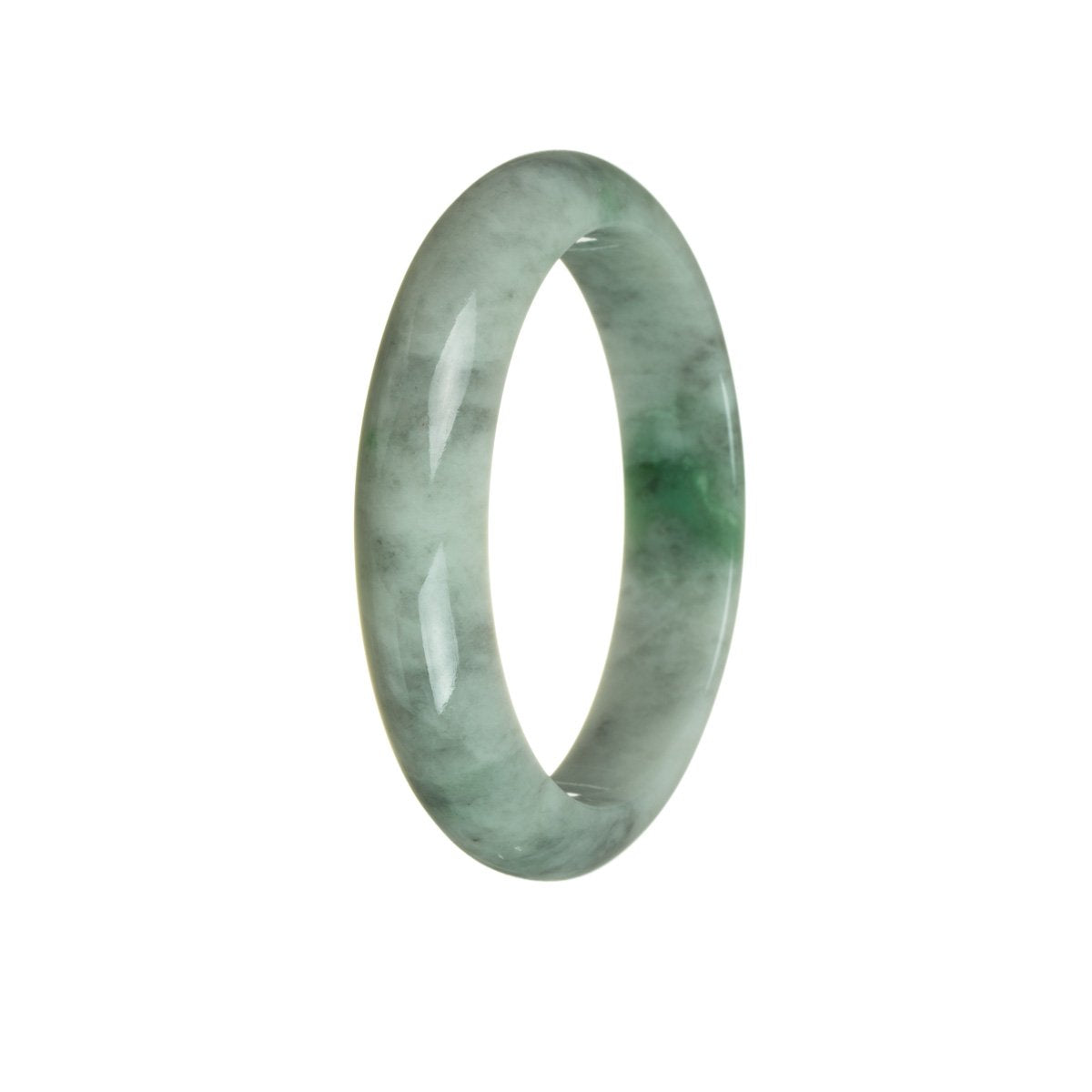 Close-up photo of a stunning, certified Grade A Bluish Green with Grey Jadeite Bracelet. The bracelet features a 58mm half moon design, exuding elegance and sophistication. Perfect for adding a touch of natural beauty to any outfit.