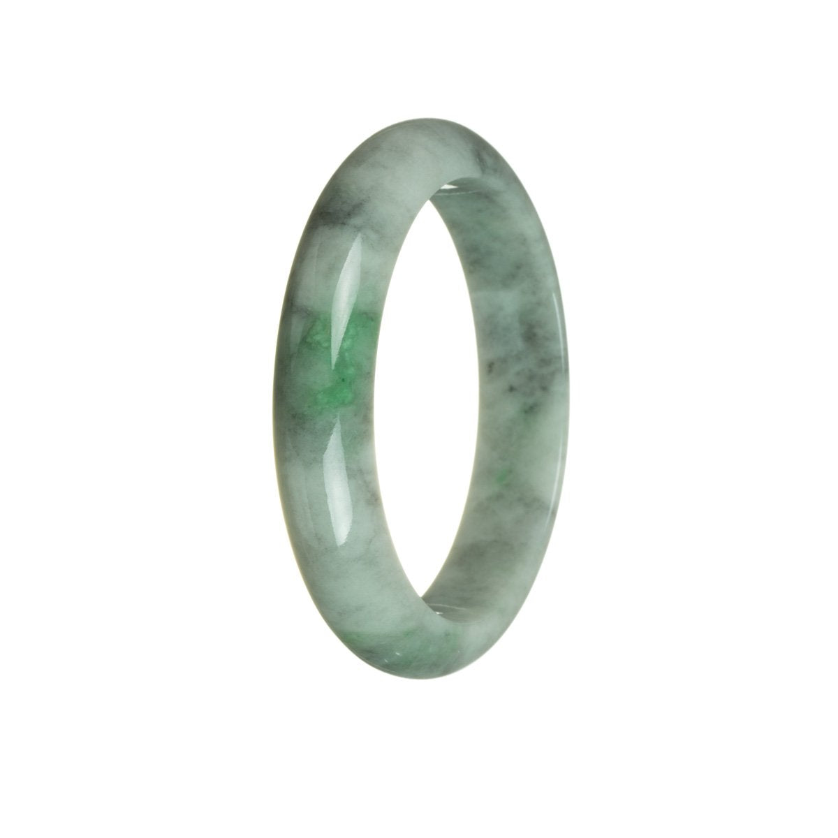 A close-up image of a Grade A Bluish Green with Grey Traditional Jade Bangle Bracelet. The bracelet is shaped like a half moon and has a diameter of 58mm. It is certified and crafted by MAYS™.