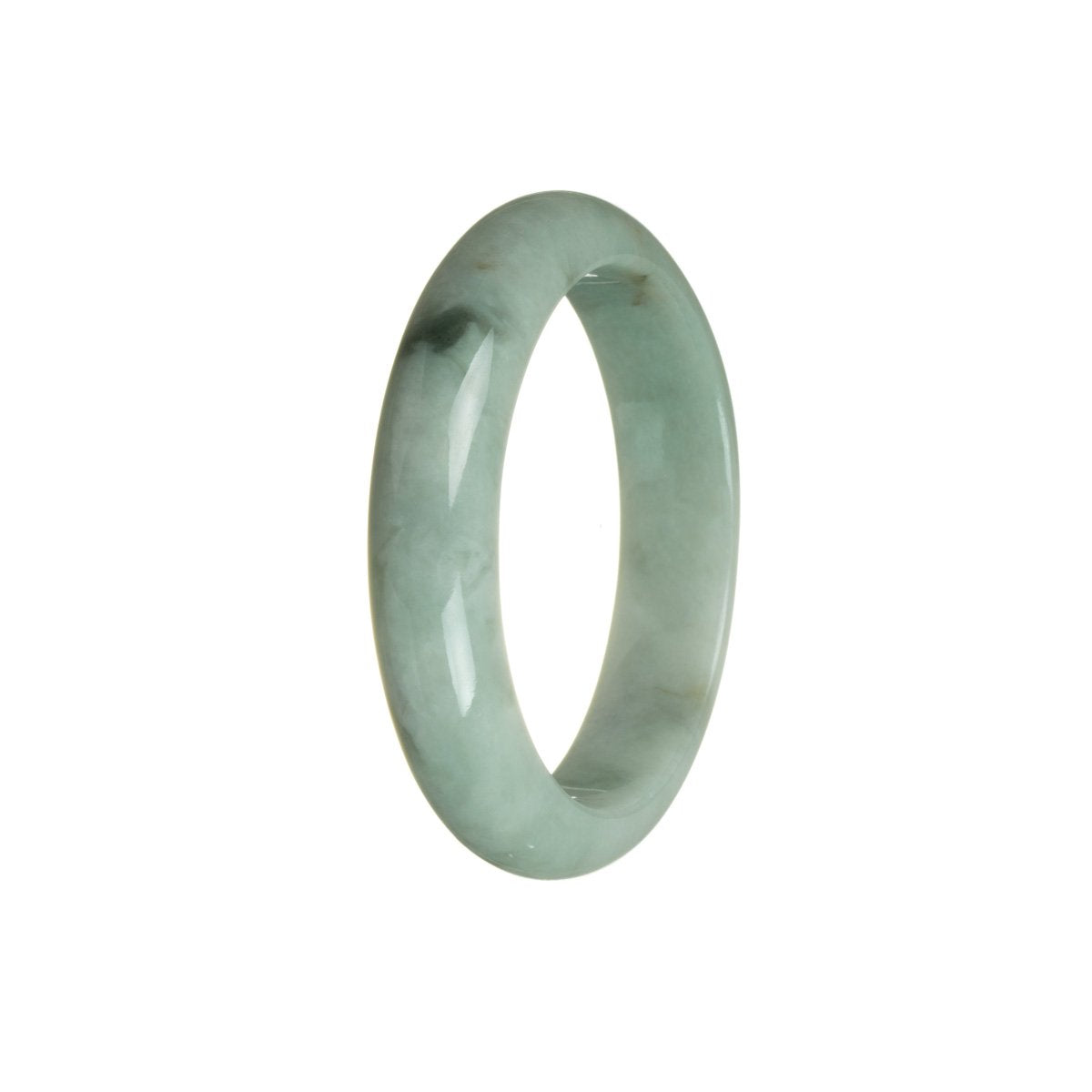 A close-up photo of a genuine Type A Bluish Green Burmese Jade bangle bracelet. The bracelet is shaped like a half moon and measures 56mm in size. It features a smooth, polished surface and showcases the beautiful natural color and texture of the jade. Perfect for adding a touch of elegance to any outfit.