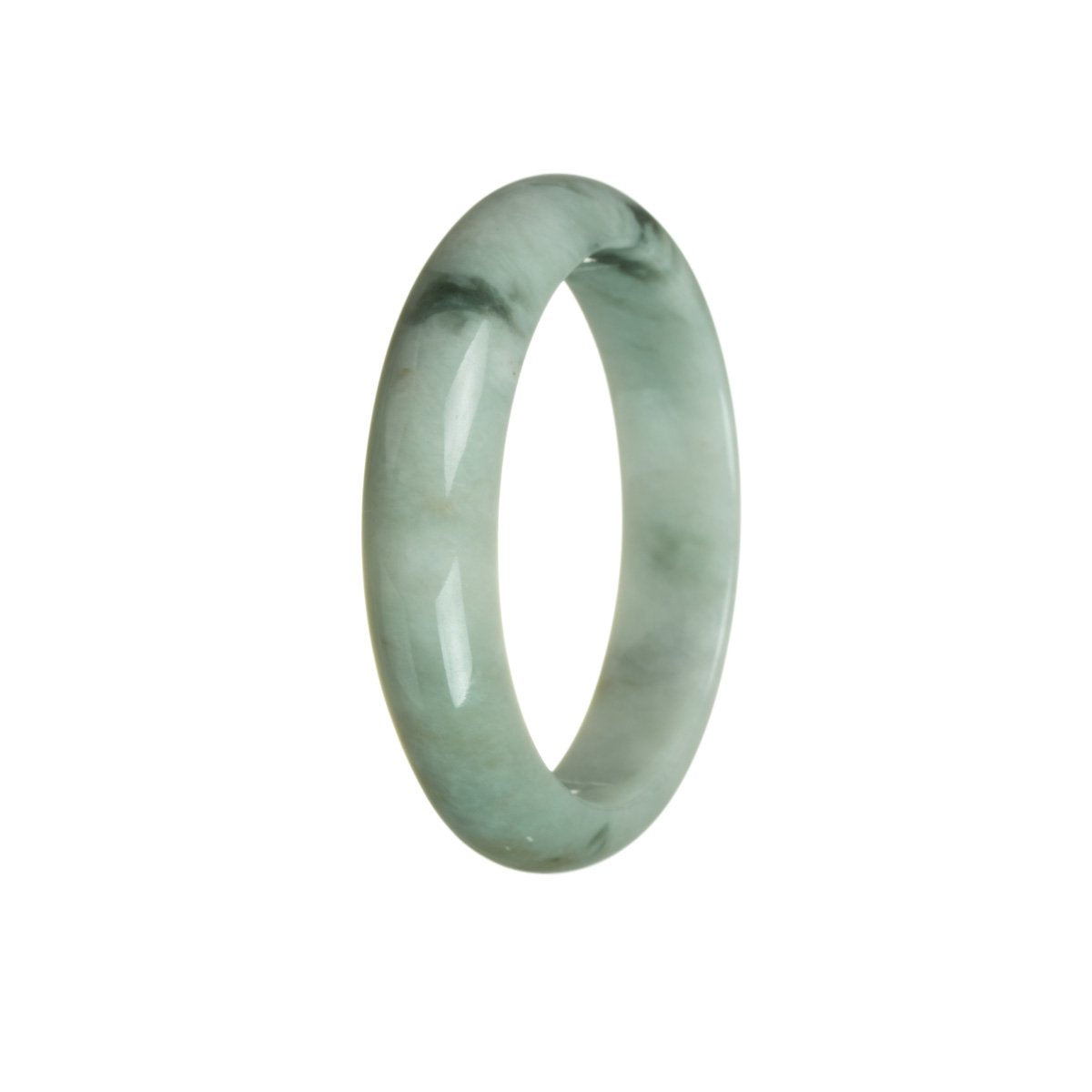 A close-up image of an authentic untreated bluish green jadeite jade bracelet. The bracelet features a half-moon shape and measures 56mm in diameter. Crafted by MAYS GEMS.
