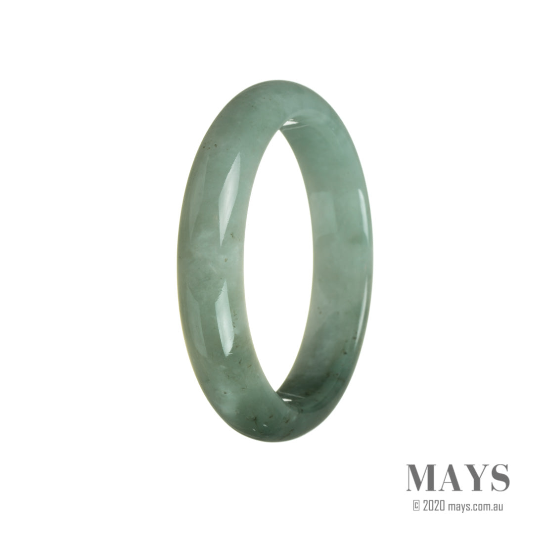 A beautiful half moon shaped jadeite bangle with a genuine untreated bluish green and deep green color. It measures 58mm in size.