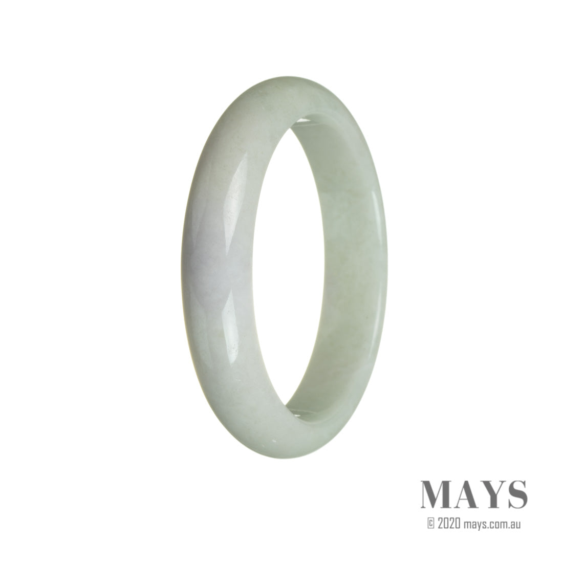 A beautiful jadeite bangle bracelet with a pale green and lavender hue, featuring a 60mm half moon shape. Handcrafted and untreated, this genuine piece from MAYS™ is a timeless accessory.