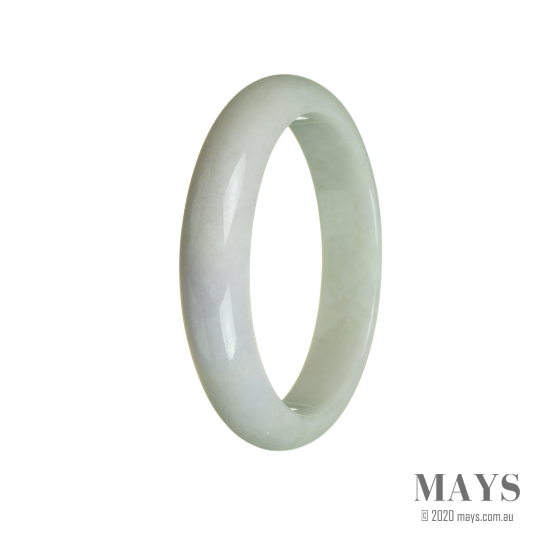 A delicate pale green and lavender jadeite jade bangle bracelet with a half moon design, certified Grade A quality.