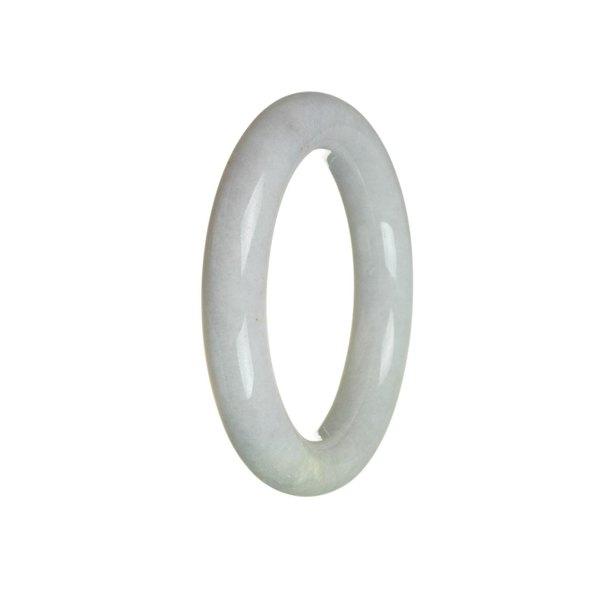 A close-up photo of a round lavender and pale green bracelet made with authentic Grade A Burmese jade. The bracelet measures 54mm in diameter and is sold by MAYS.