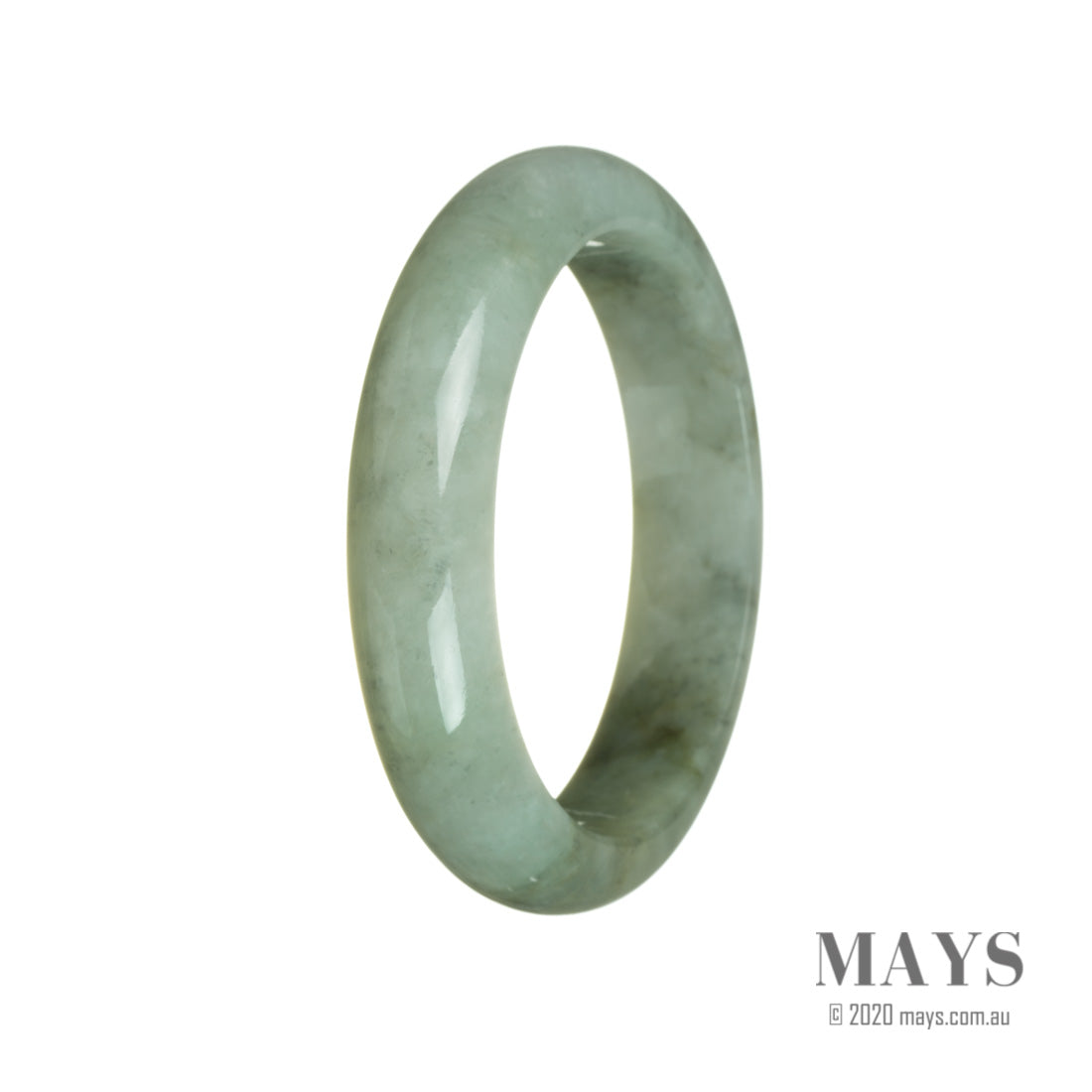 A close-up image of a pale green jadeite jade bangle bracelet. The bracelet is shaped like a half moon and has a smooth, polished surface. It is certified as Grade A Green, indicating high quality. The brand name "MAYS™" is also mentioned.