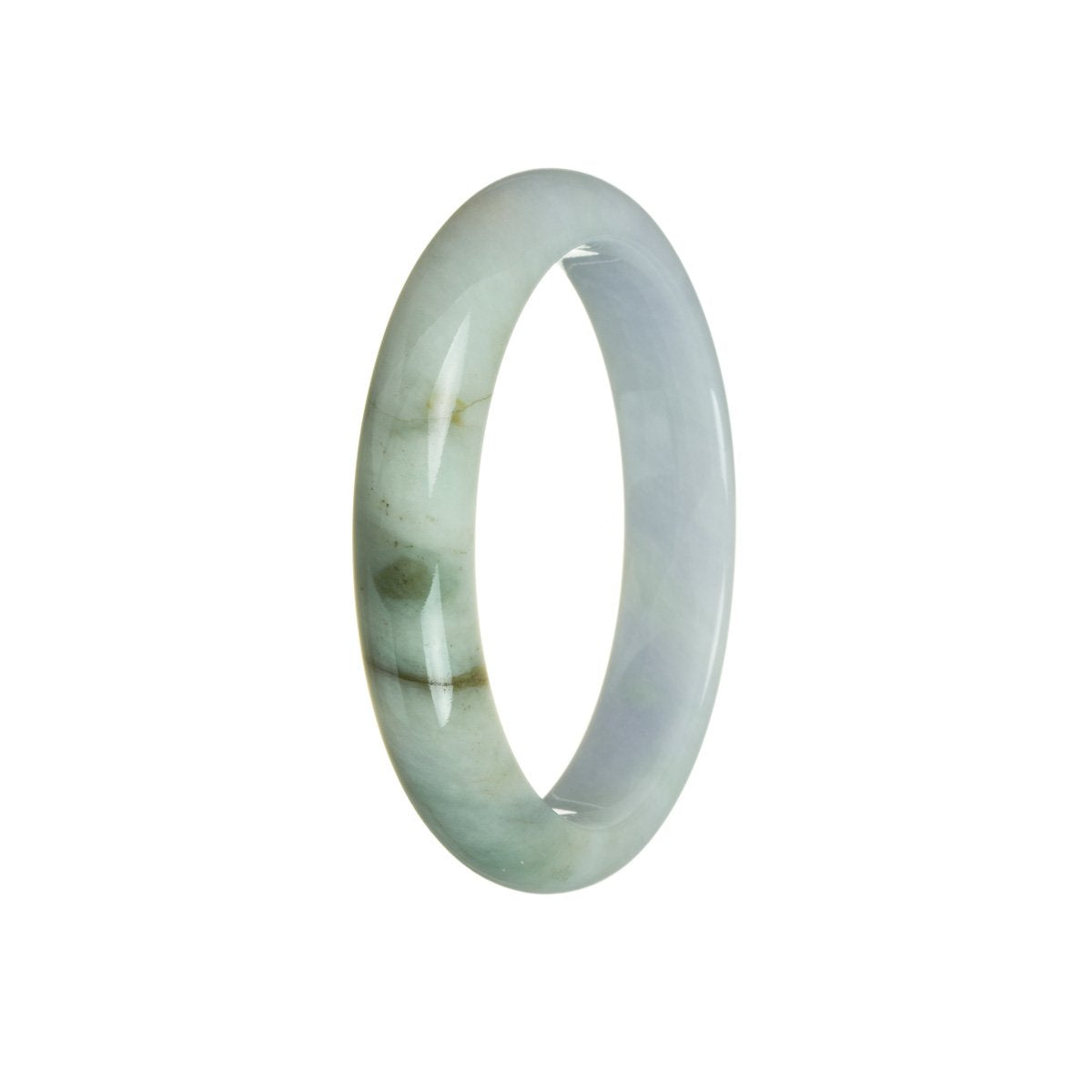 A beautiful lavender and green jadeite bracelet featuring an authentic Grade A half moon design, measuring 59mm. Perfect for adding a touch of elegance to any outfit.