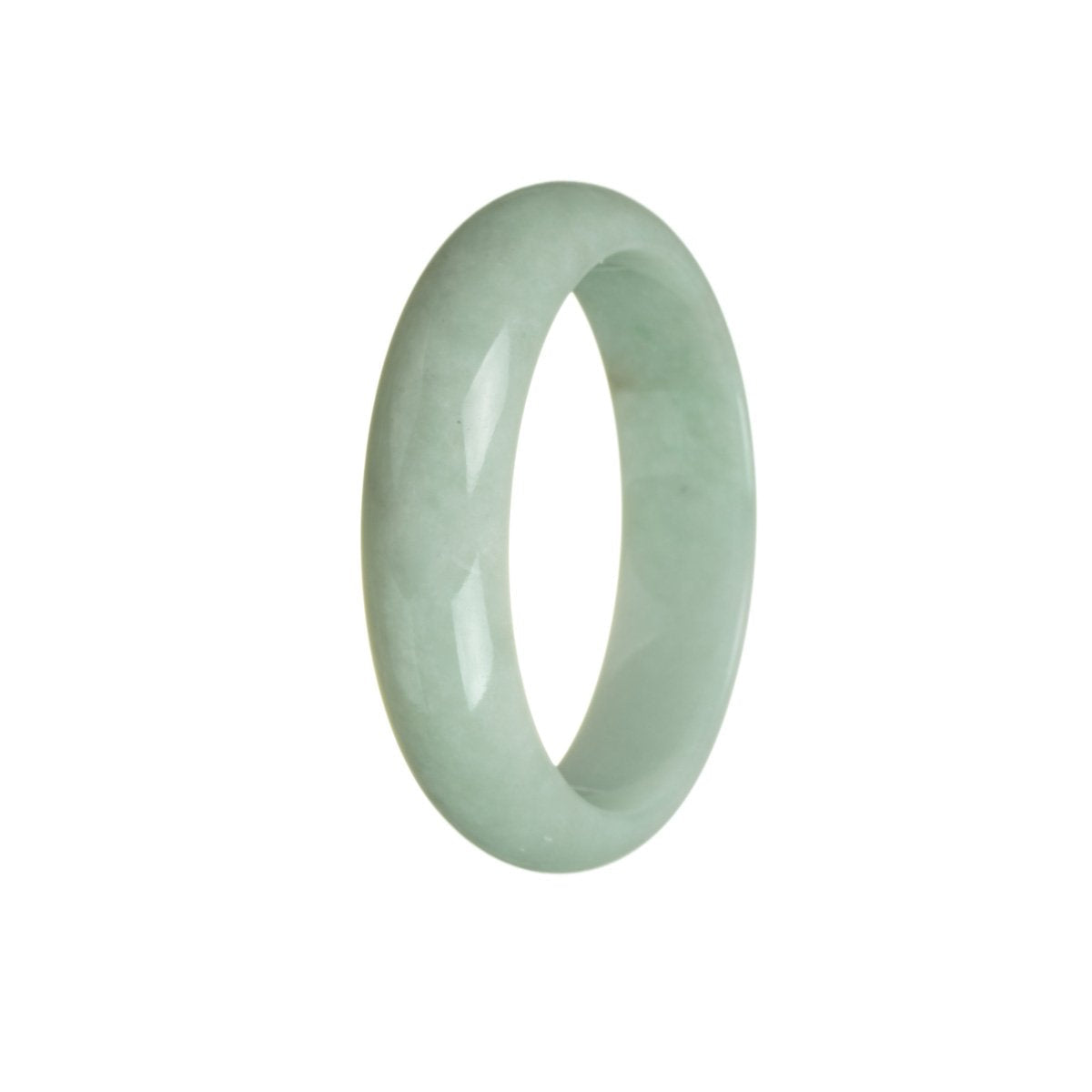 A close-up photo of a beautiful green jade bangle with a half moon shape, measuring 57mm in diameter. The bangle has a genuine Type A certification and is made by MAYS™.