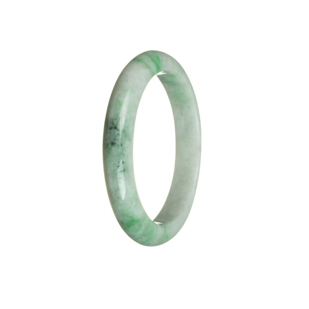 A close-up image of a half-moon shaped white with green jadeite bracelet, measuring 55mm. The jadeite appears to be untreated and certified, making it a unique and valuable piece of jewelry. The brand name "MAYS" is also mentioned.