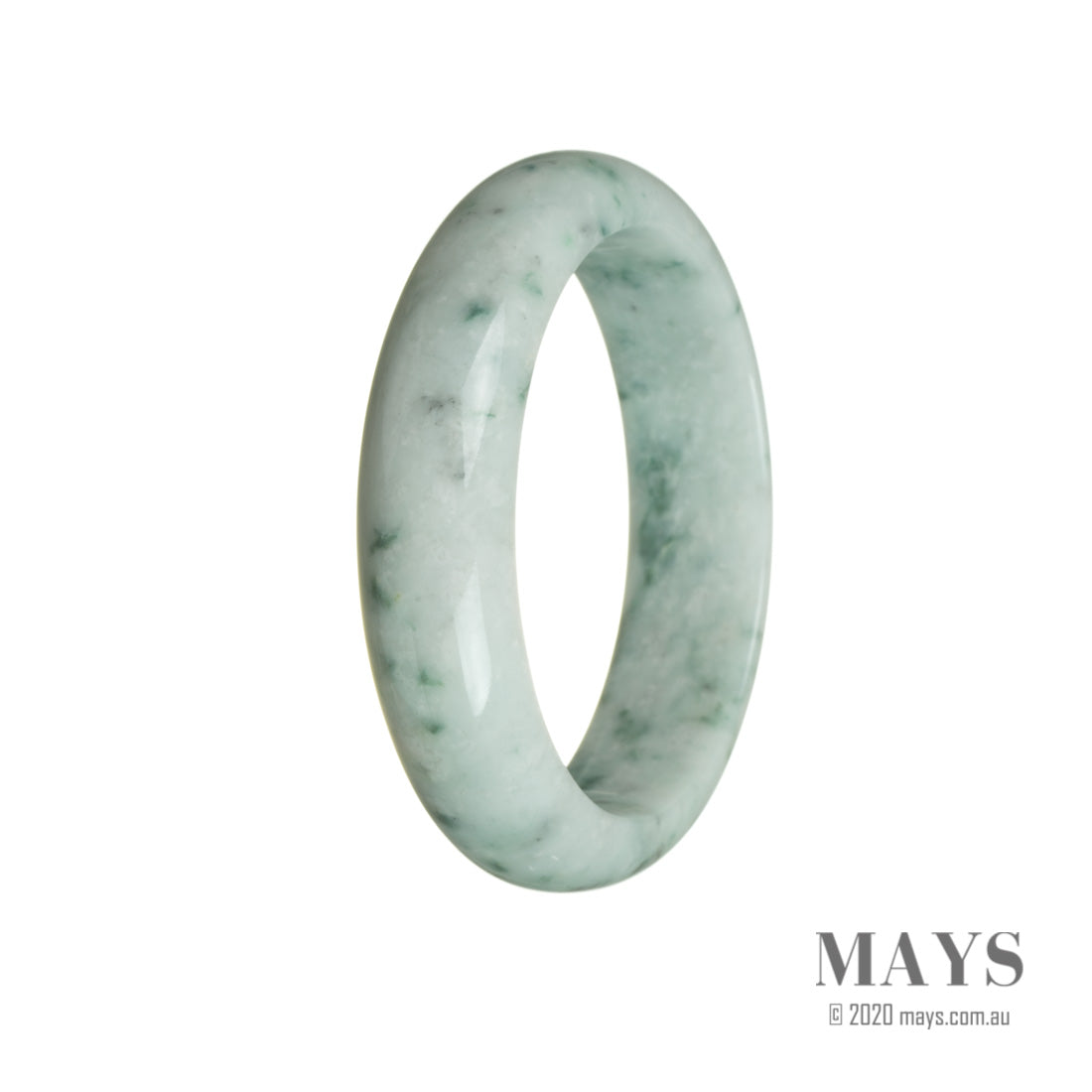 A close-up image of a half-moon shaped white Burmese jade bangle, measuring 59mm in diameter. The bangle appears smooth and polished, showcasing the natural beauty of the untreated jade.