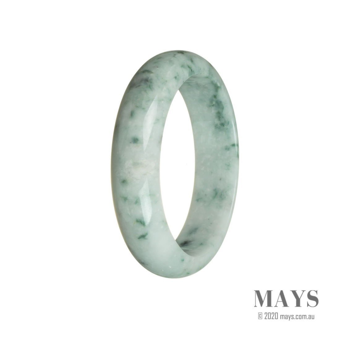 An elegant white jade bangle bracelet with a grade A quality. The bracelet features a half moon shape and measures 59mm in size. Perfect for adding a touch of tradition and sophistication to any outfit.