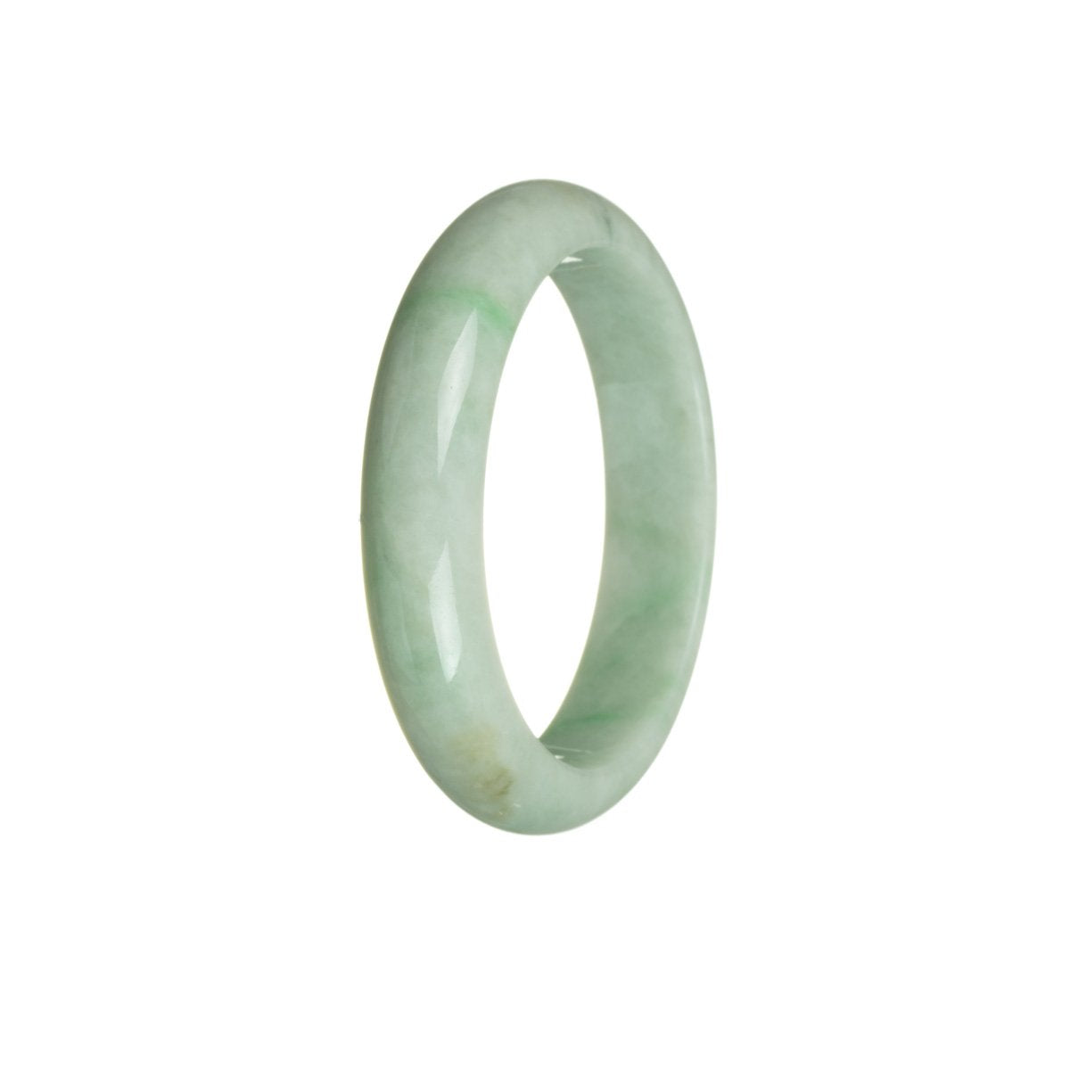 A close-up photo of a half-moon-shaped bangle bracelet made of genuine untreated green jadeite. The bracelet has a smooth and polished surface, showcasing the natural beauty of the jadeite. The vibrant green color of the stone is highlighted against the light, capturing attention and adding a touch of elegance to any outfit. The bracelet measures 53mm in diameter, making it a perfect fit for those with smaller wrists. A high-quality piece of jewelry that exudes both sophistication and uniqueness.