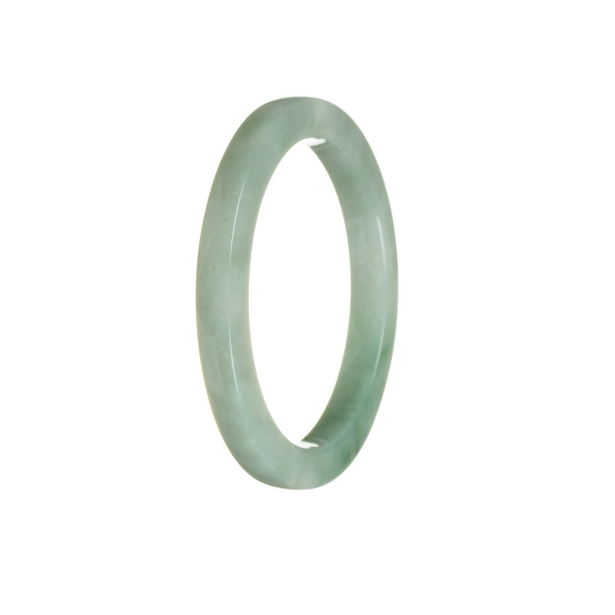 A close-up photo of a thin pale green jade bracelet with a traditional design.