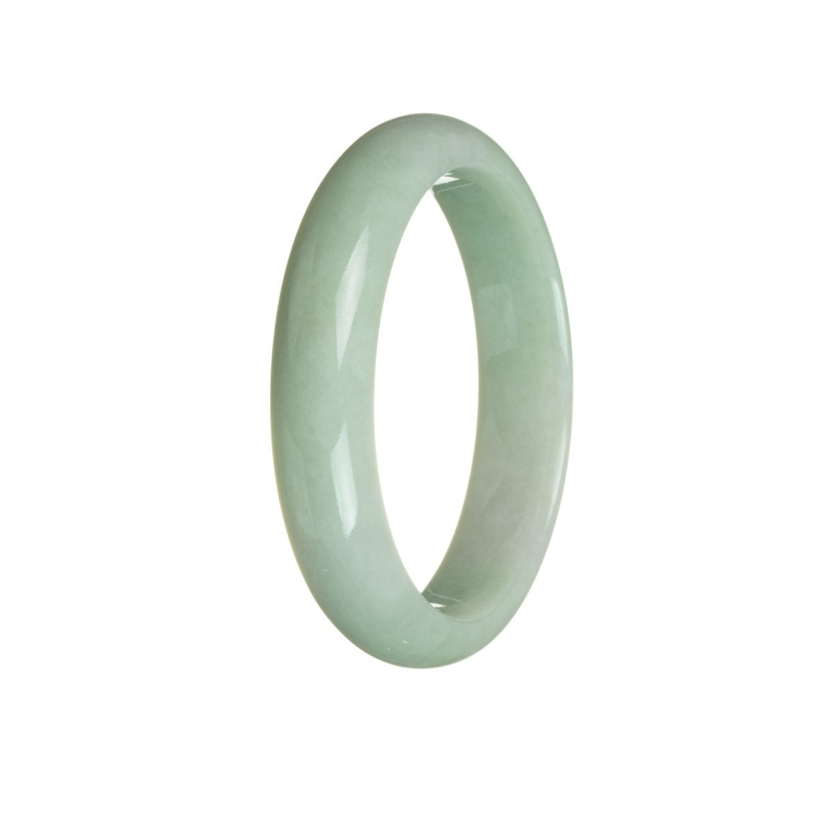 Image: A close-up view of a green jade bangle bracelet with a half-moon shape, measuring 59mm in diameter. The bracelet has a smooth and polished surface, showcasing the natural beauty of the green jade stone. It is certified as natural and genuine, making it a valuable and authentic piece of jewelry.
