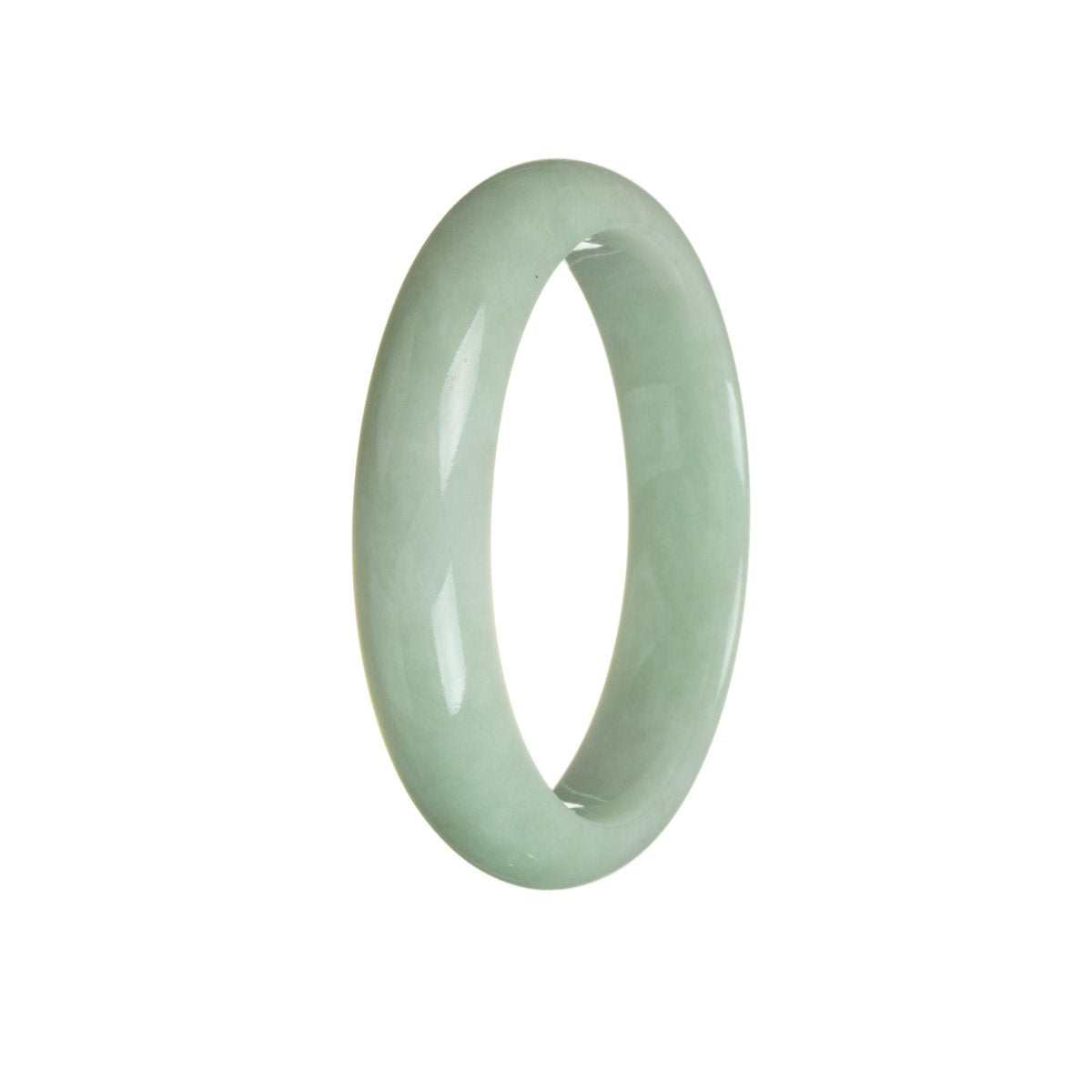A close-up photo of a high-quality green jadeite bracelet, specifically a 59mm half moon shape. The jadeite is of the genuine Type A variety, known for its vivid green color and smooth texture. The bracelet is from the brand MAYS, showcasing exquisite craftsmanship and elegance.