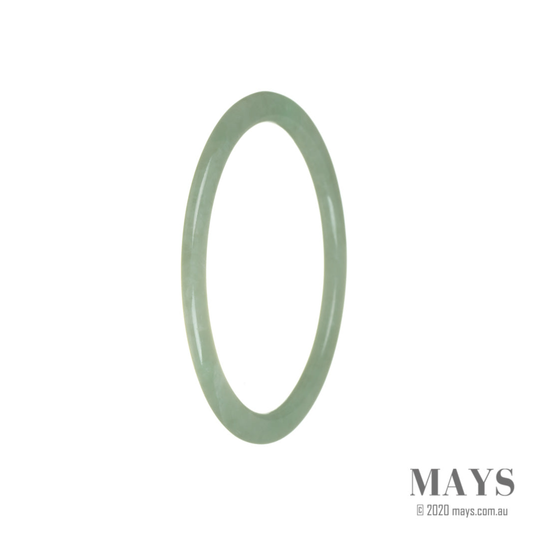 Close-up of a delicate, green Burma jade bracelet with a 59mm thin band.