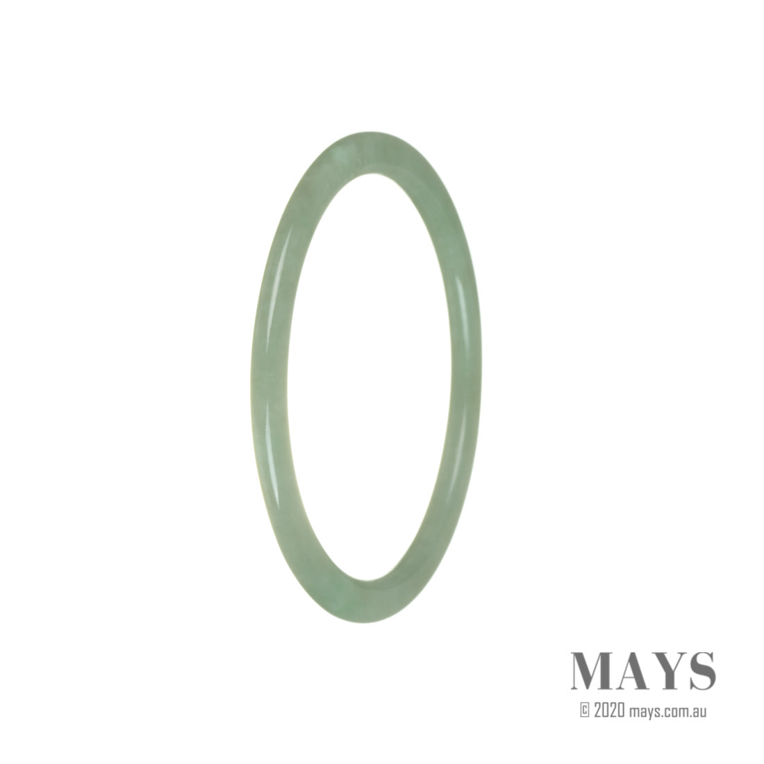 A thin, 59mm authentic Grade A Green Burmese Jade bangle from MAYS™, showcasing the stunning natural beauty of Burmese Jade.