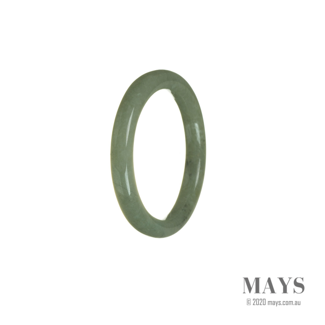 A stunning oval-shaped Type A Green Burmese Jade bangle bracelet measuring 52mm. This authentic piece from MAYS Jewelry is a true gem.