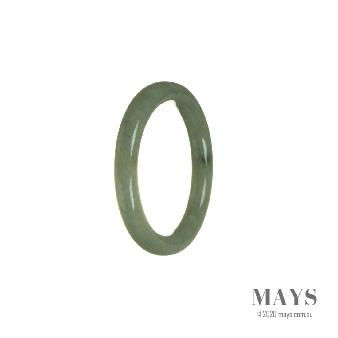 A close-up image of a genuine Type A Green Traditional Jade Bangle. The bangle is oval-shaped and measures 52mm in diameter. It has a smooth and polished surface, showcasing the beautiful green hue of the jade. The brand name "MAYS™" is engraved discreetly on the inner side of the bangle.