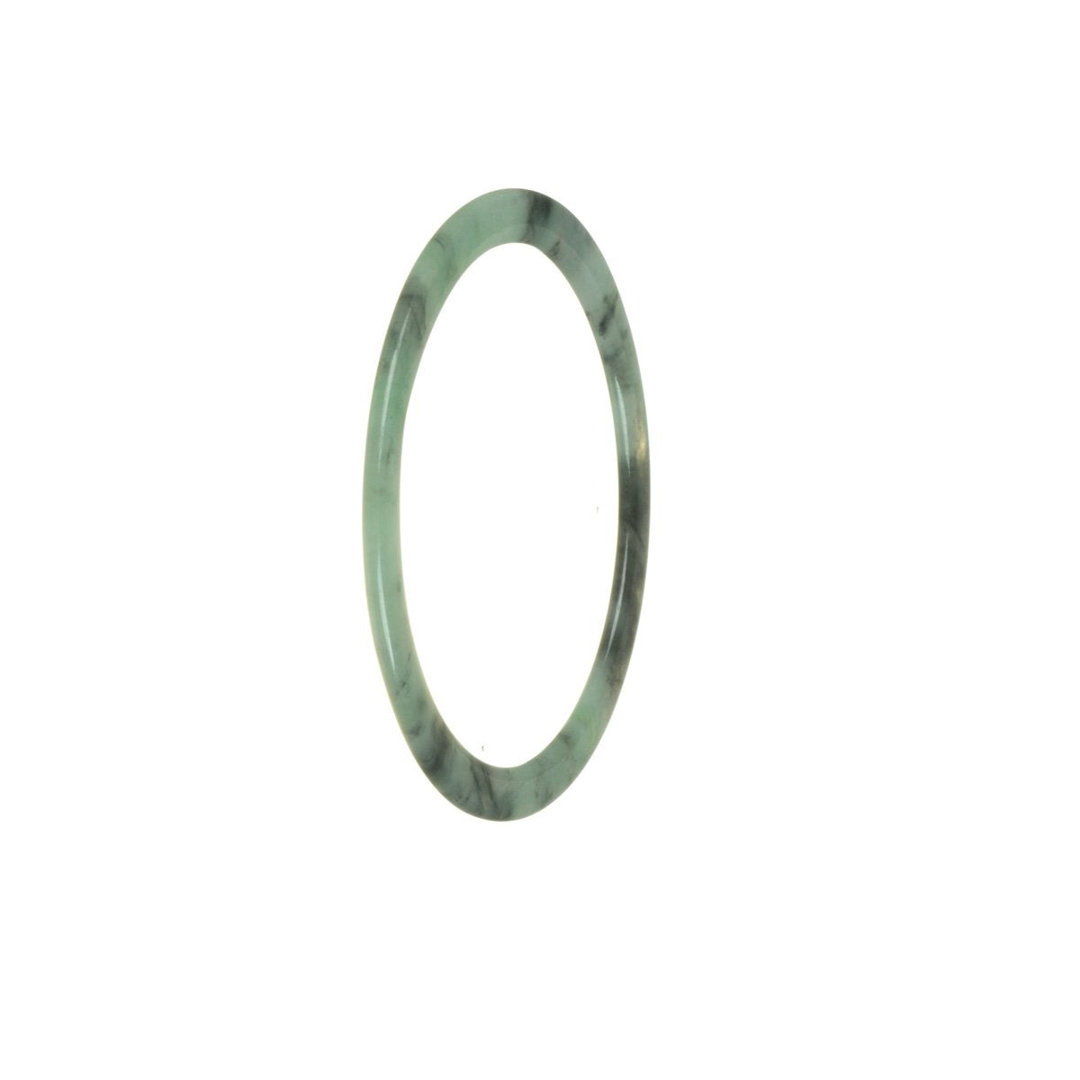 A close-up image of a thin, bangle-style bracelet made of genuine Grade A green with grey jade. The bracelet has a smooth, polished surface and a 55mm diameter. The brand name "MAYS" is engraved on the inner side of the bracelet.