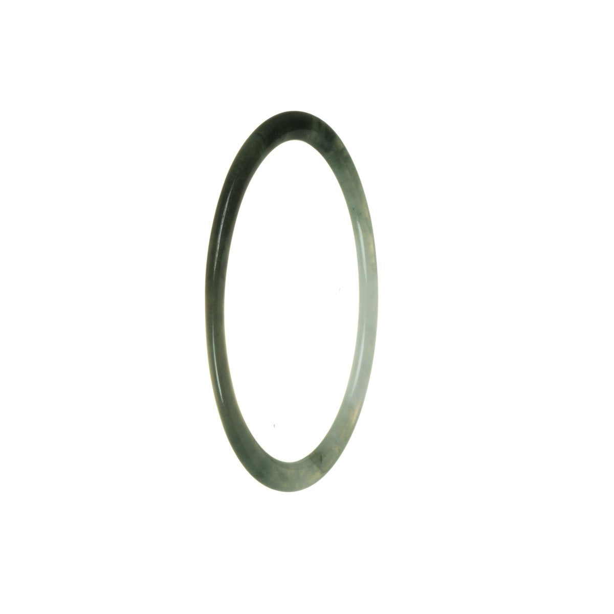 A close-up image of a thin jade bangle, featuring a deep green color with white accents. The bangle is made from genuine Grade A Burmese jade and has a diameter of 60mm. Perfect for adding a touch of elegance to any outfit.