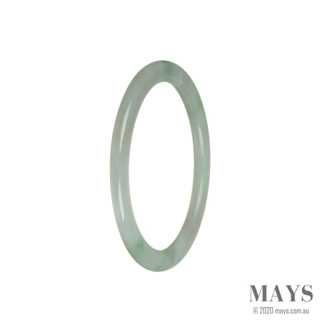 Close-up image of a delicate, 56mm thin Real Grade A White Jadeite Jade Bracelet by MAYS™. The bracelet features a smooth, glossy surface, showcasing the natural beauty of the white jadeite.