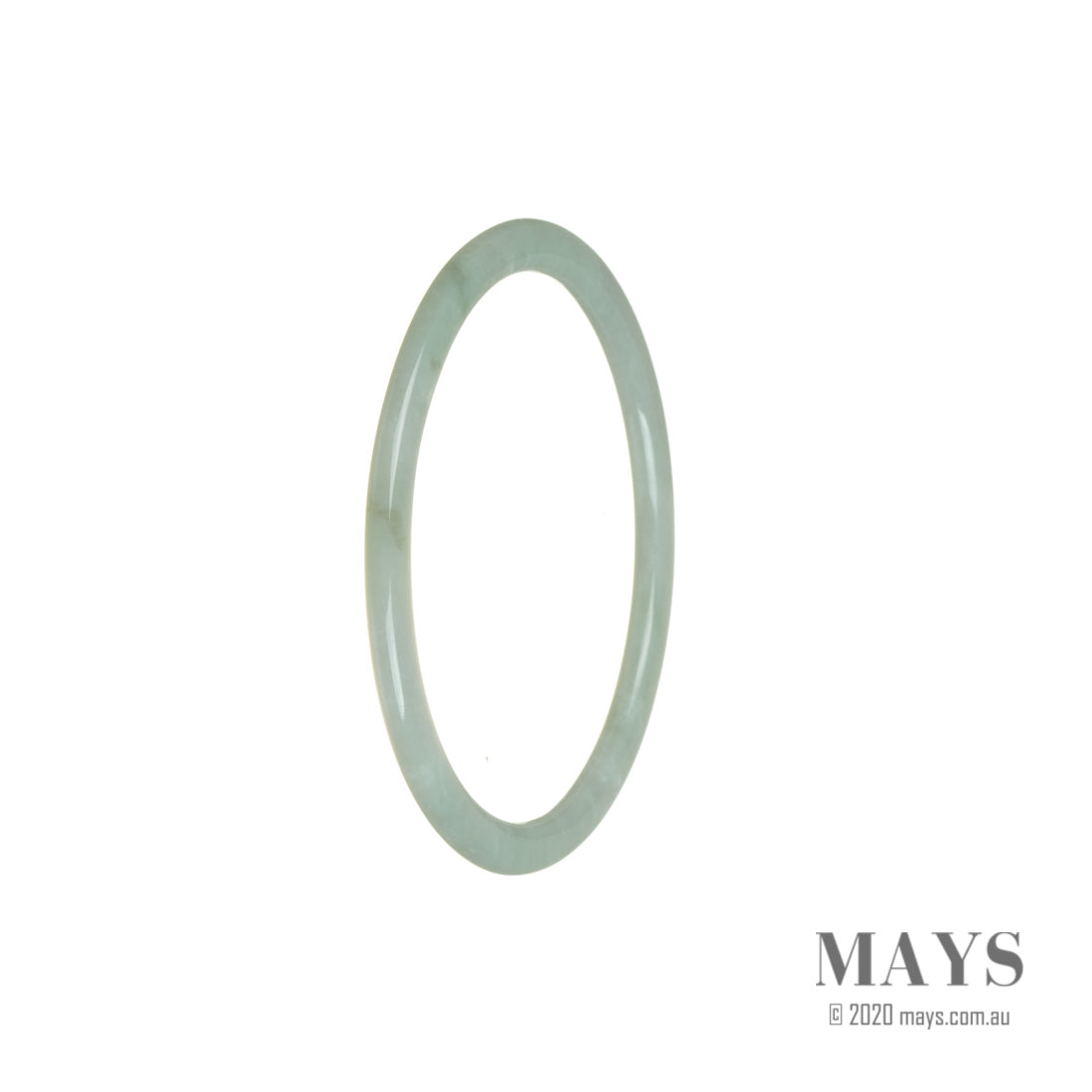 A close-up image of a thin light green jadeite jade bangle bracelet. The bracelet is made of genuine untreated jade and has a 57mm diameter. It is a beautiful piece of jewelry from the brand MAYS.