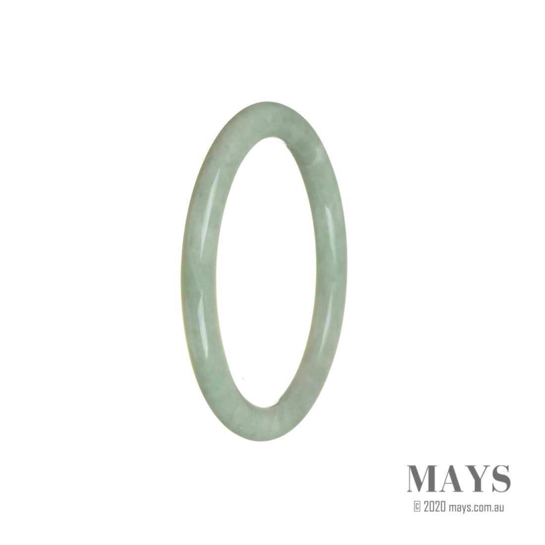 A close-up photo of a delicate green Burma jade bracelet, measuring 55mm in diameter. The bracelet is made with authentic grade A jade, showcasing its natural beauty and intricate patterns. The thin design adds a touch of elegance to any outfit. Created by MAYS, a trusted brand in jade jewelry.