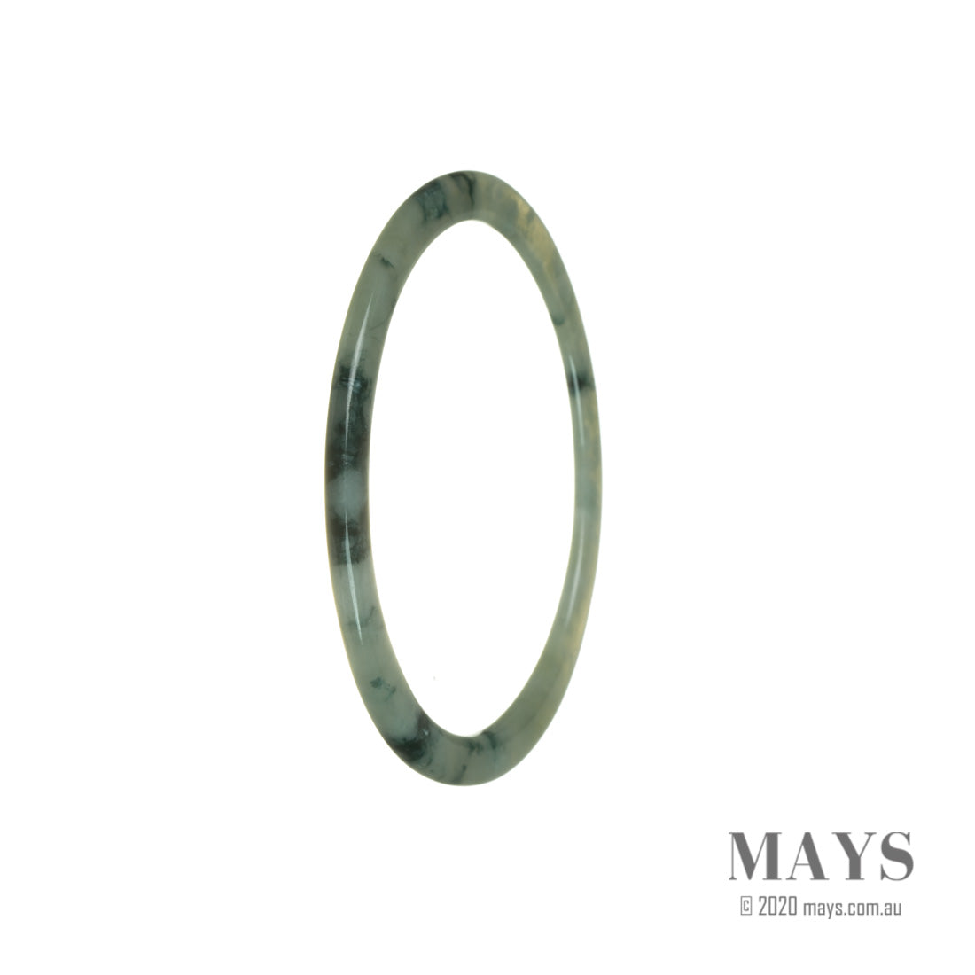 A close-up photo of a beautiful, light green jade bangle bracelet. The bracelet is thin and has a smooth, polished surface. It is made of genuine Type A Flower Burmese jade and has a diameter of 59mm. The jade has a delicate, translucent appearance, reflecting light and highlighting its natural patterns. A luxurious and elegant piece of jewelry by MAYS™.