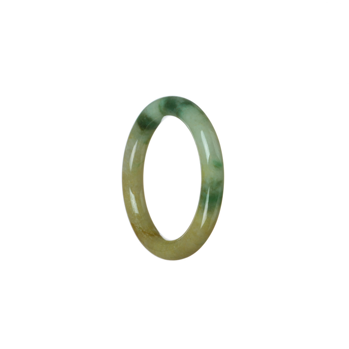 A close-up photo of a small jade bangle bracelet, featuring a smooth and polished brownish white jadeite stone with hints of emerald green. The bracelet is designed for children and is certified as Type A jade. The brand name "MAYS" is also visible.
