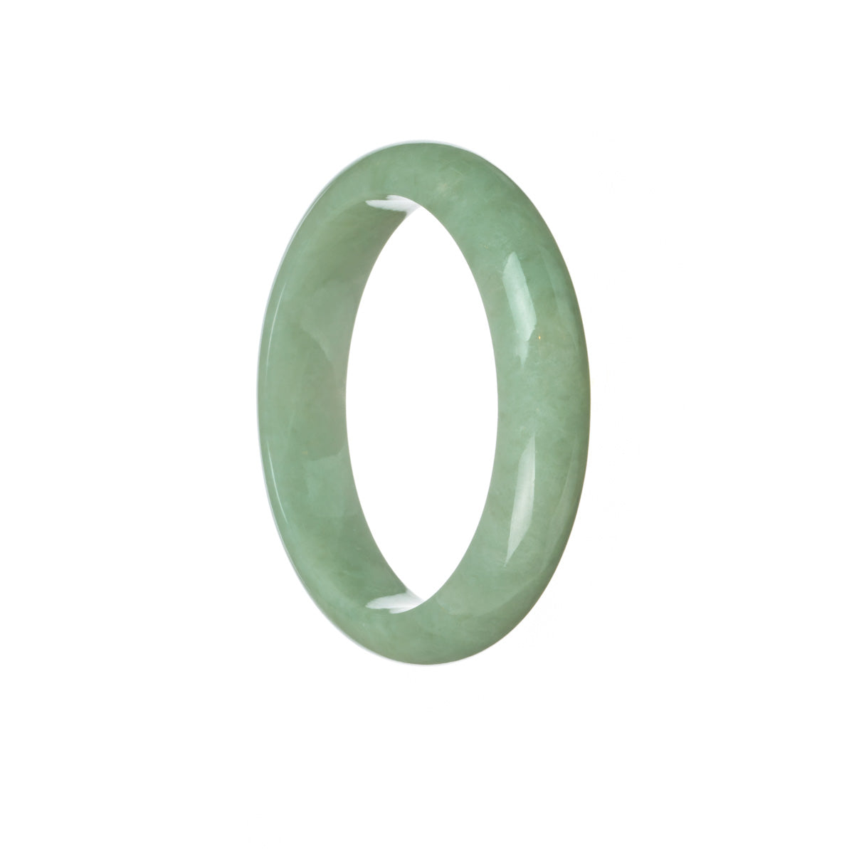 A light green Burmese jade bangle bracelet with a half moon design, measuring 55mm in diameter.