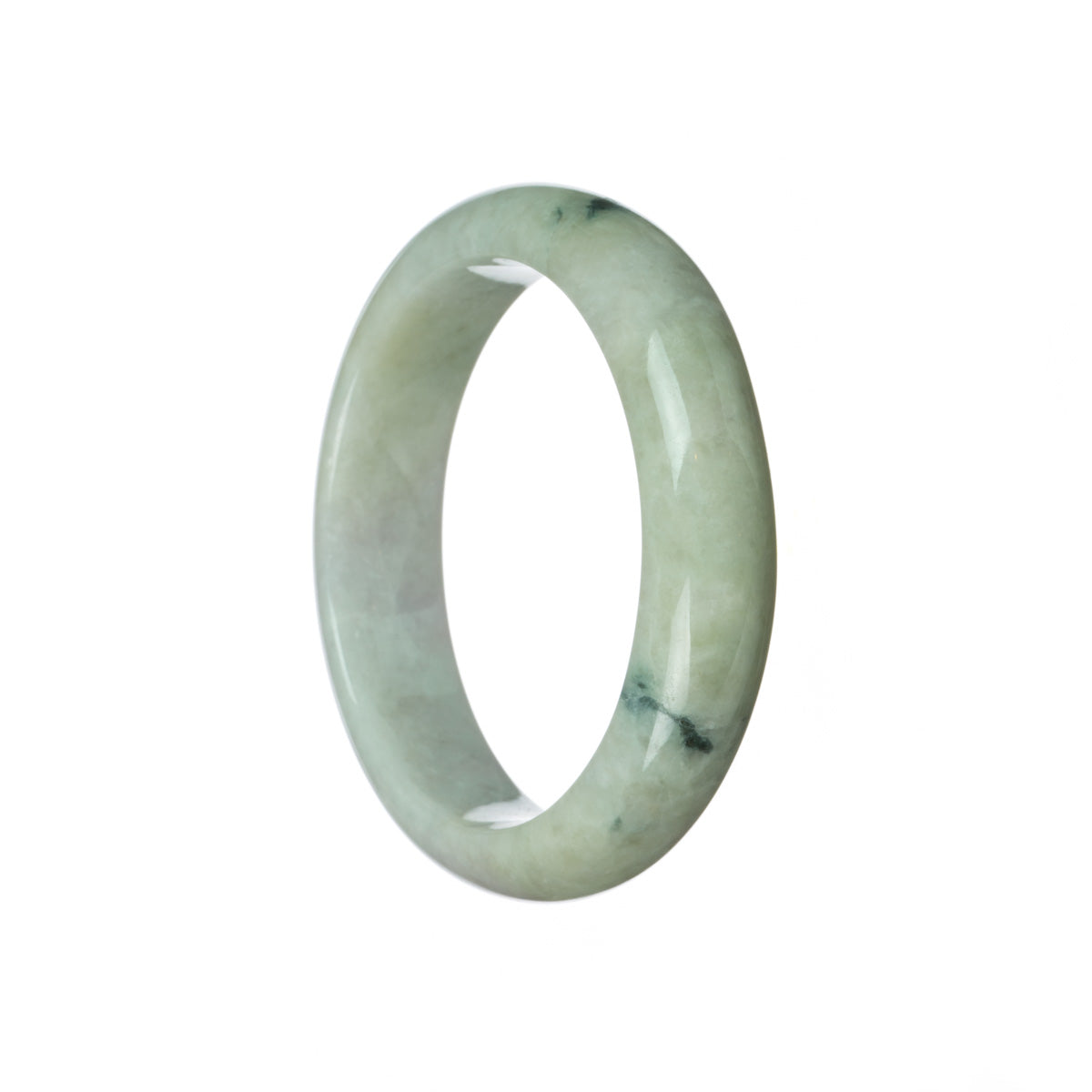 A half moon-shaped jade bangle bracelet with a real natural pale green and pale lavender color.