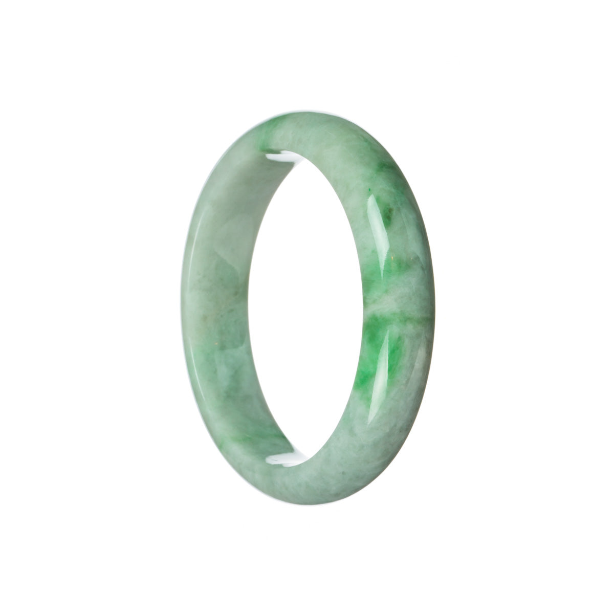 A close-up image of a white jade bangle bracelet with a half-moon shape, showcasing its luxurious texture and vibrant emerald green hue.