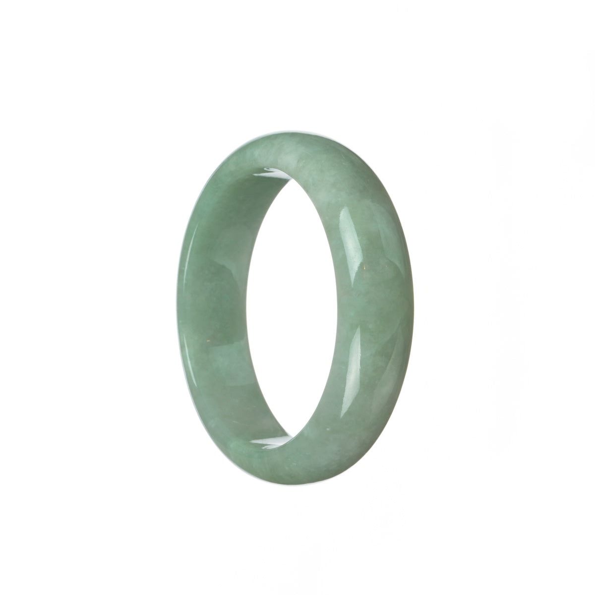 A light green traditional jade bracelet with a half moon design, measuring 53mm. Handcrafted with high-quality jade, this bracelet is a stunning piece of jewelry from MAYS GEMS.