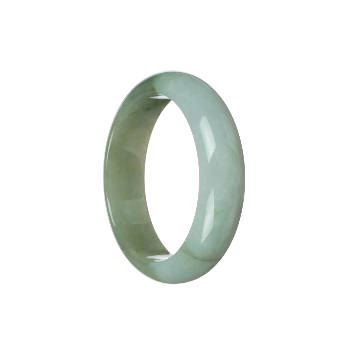 A close-up image of a bracelet made of genuine untreated green and pale lavender jadeite. The bracelet features a half moon shape and measures 53mm in size. Created by MAYS GEMS.