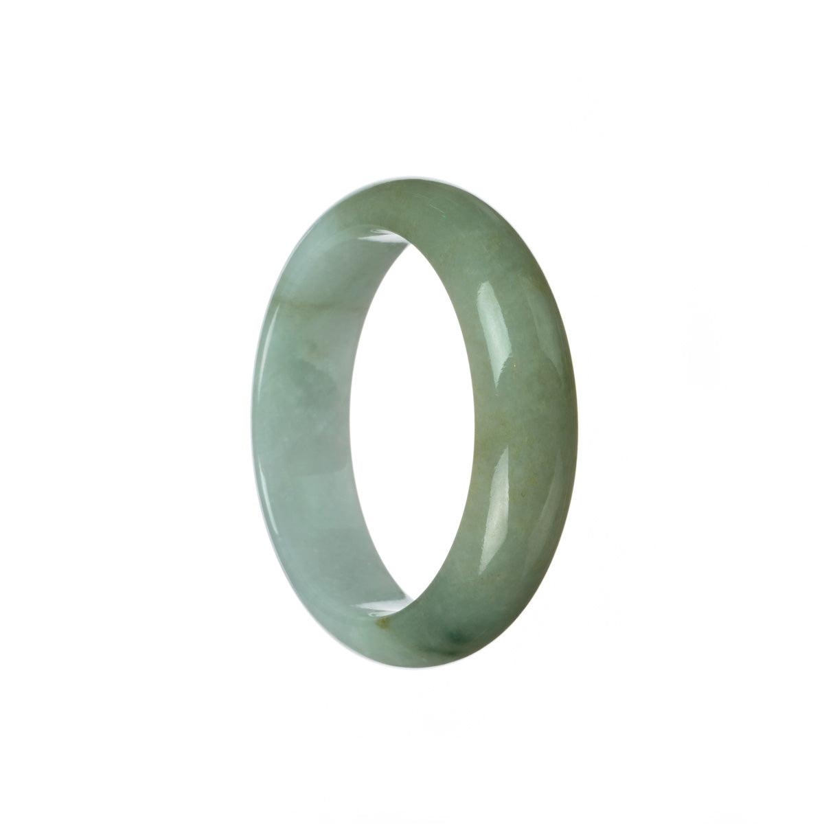A close-up image of an authentic Grade A green with pale lavender Burmese jade bangle. The bangle has a half-moon shape and measures 53mm in diameter. This exquisite piece of jewelry is available at MAYS GEMS.
