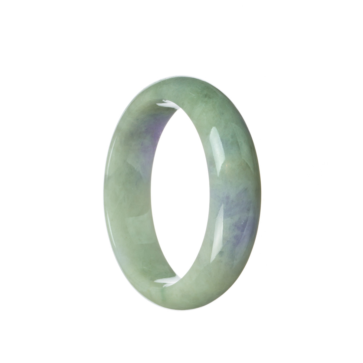 A half-moon shaped jade bangle bracelet in a certified natural green color with lavender accents.