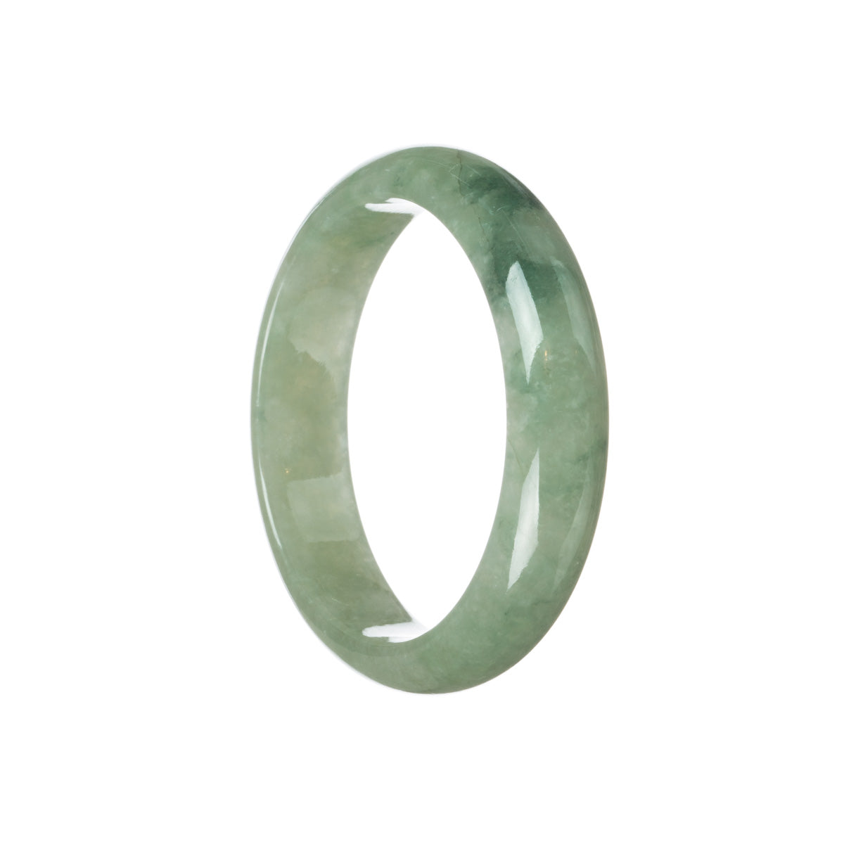 A close-up image of a real grade A green traditional jade bangle. The bangle has a 59mm diameter and is shaped like a half moon. It is from the brand MAYS.